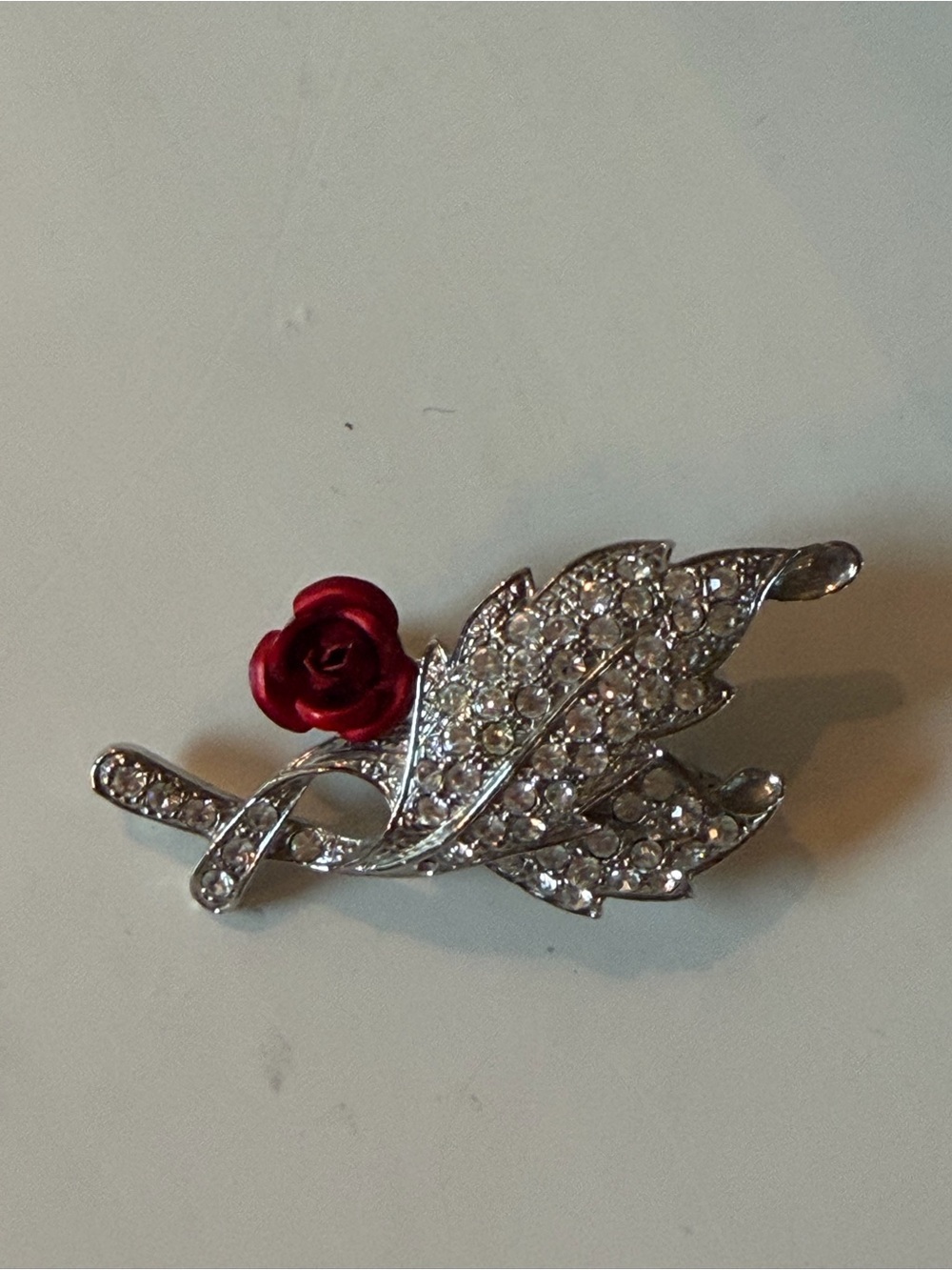 Red Rose and Crystal Leaf Vintage Brooch - Elegant Women’s Jewelry